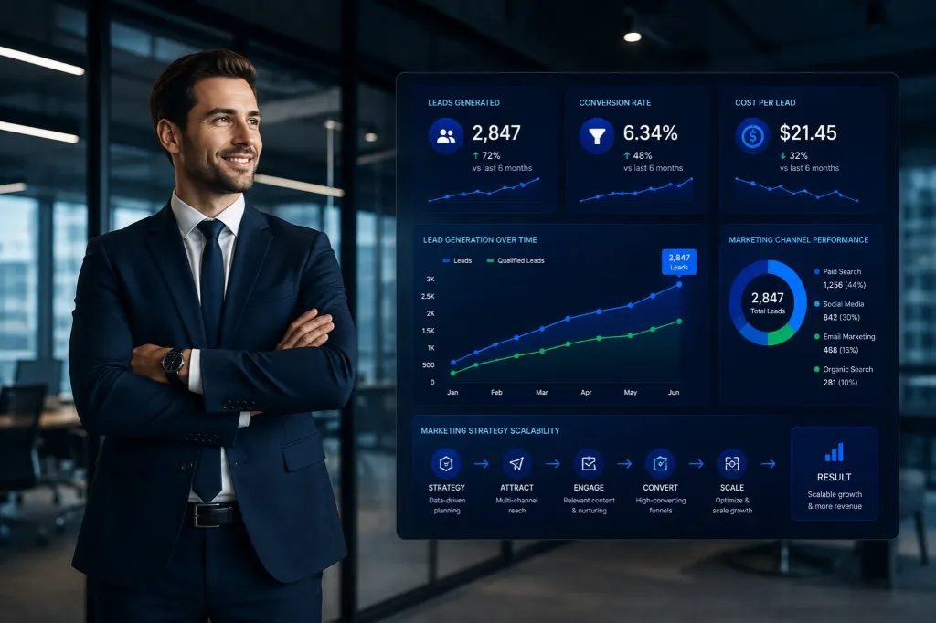 Marketing consulting dashboard with lead generation statistics