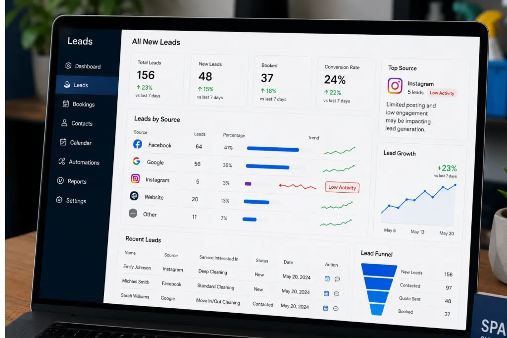 Lead tracking dashboard showing growth in plumbing service leads